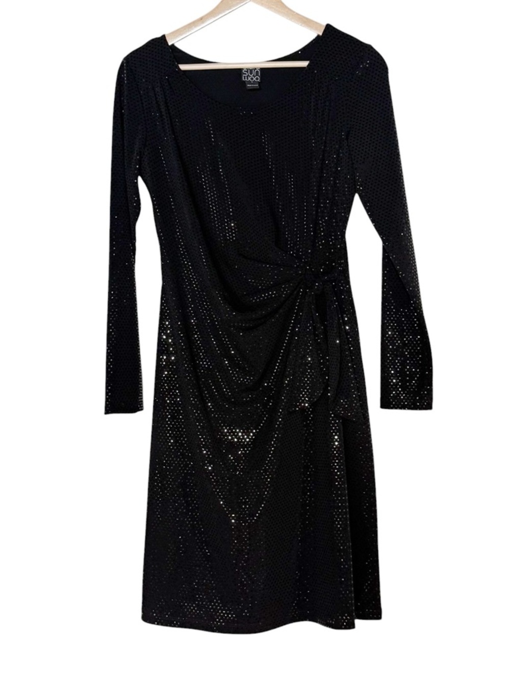 Clara SunWoo Black Shimmer Ruched Knot Long Sleeve Dress Size S Stretch Y2K